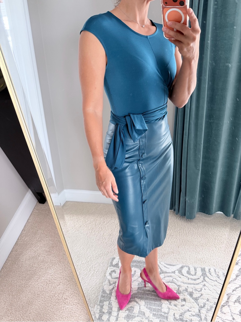 Teal Faux-Leather Button Pencil Skirt - Teal - XS